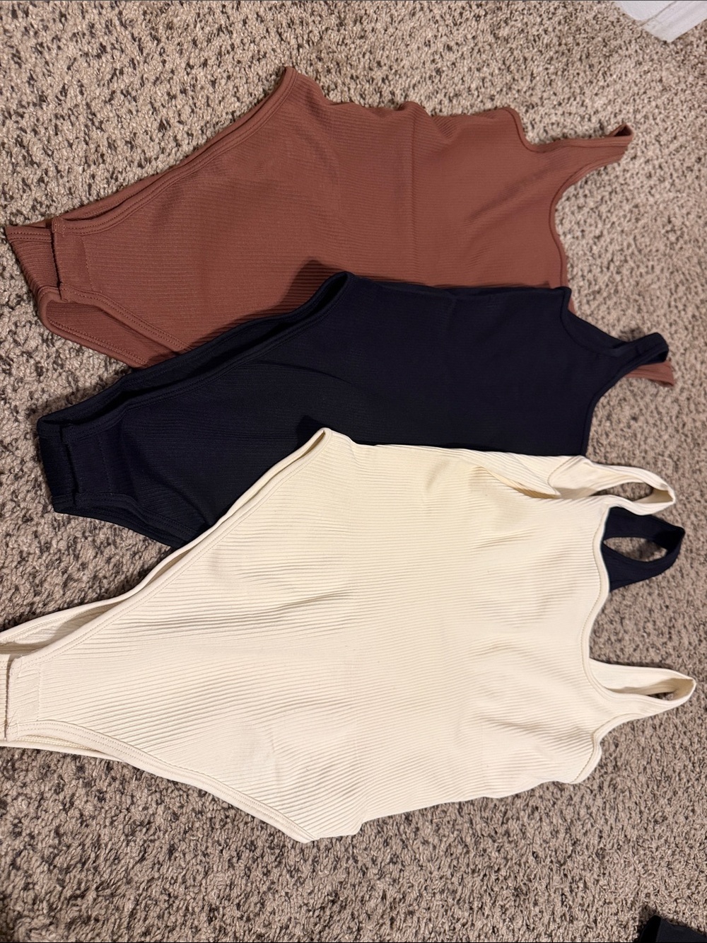 OQQ Ribbed Square Neck Bodysuit 3-Pack Brown Black Cream Size L